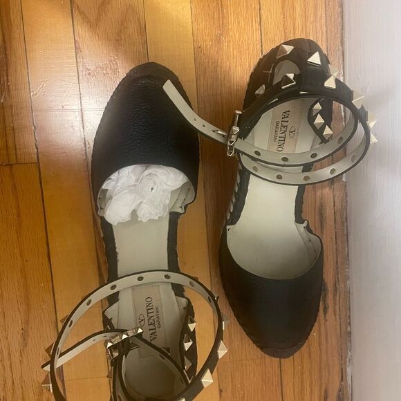 Valentino Black Leather Wedge Espadrilles
